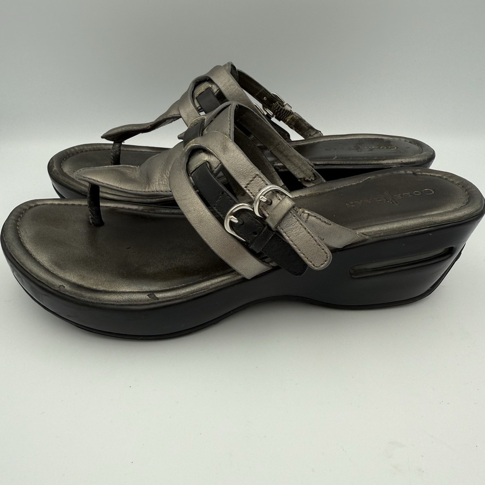 Cole Haan NikeAir Women's Wedge Sandals‎ Size 8 Metallic Gray Leather Thong - Picture 5 of 11